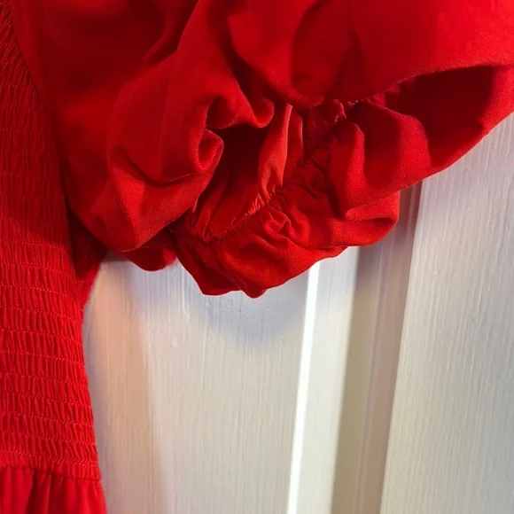 Red Smocked Puff Sleeve Mini Dress - Picture 3 of 5